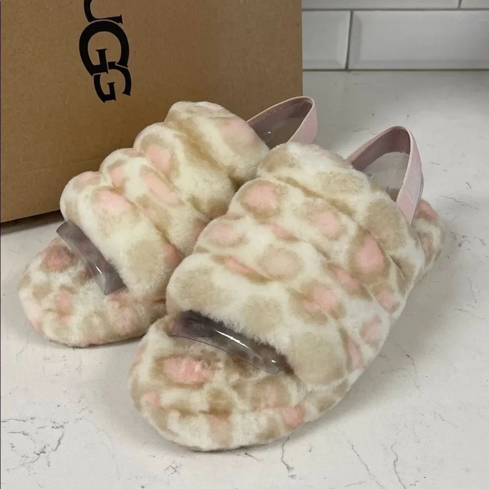UGG Kids' Fluff Yeah Slide Panther Print Size 6 Pink & Tan Leopard Print